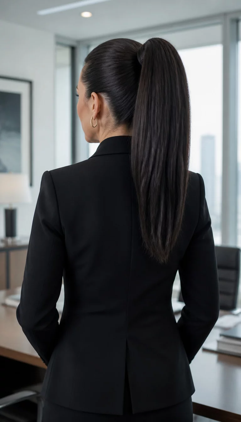 photo of a 49-year-old woman wearing a black blazer with a very high, sleek, voluminous ponytail of dark hair, back view, office background