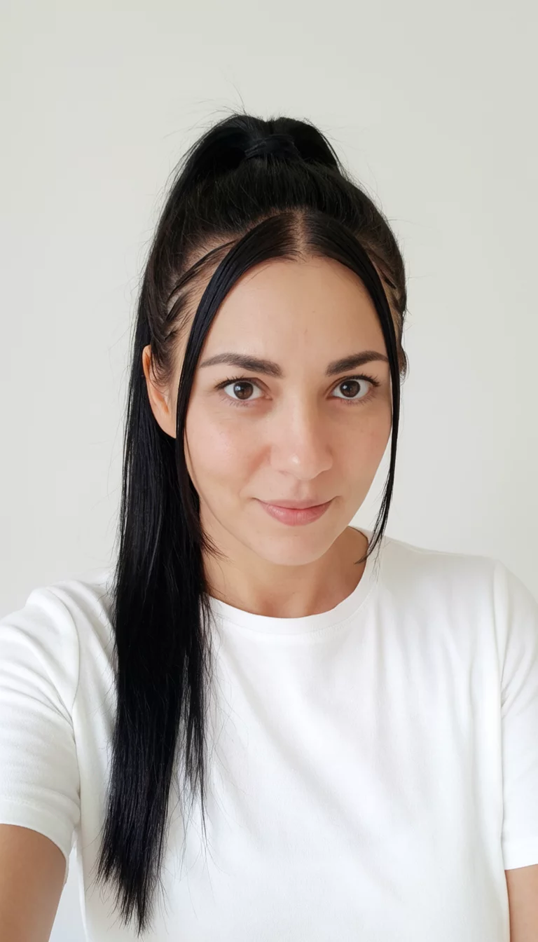 selfie of a 33-year-old woman wearing a white top with a high ponytail featuring dark, straight hair and curved side parts, front view, clean background