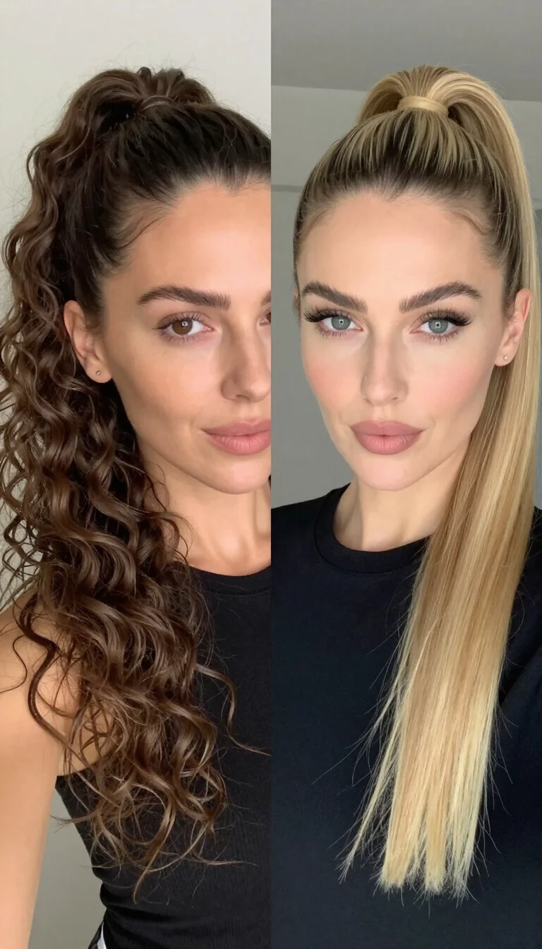 selfie of a 37-year-old woman featuring two different ponytail styles; one high and curly, one sleek and blonde, front view, split screen background