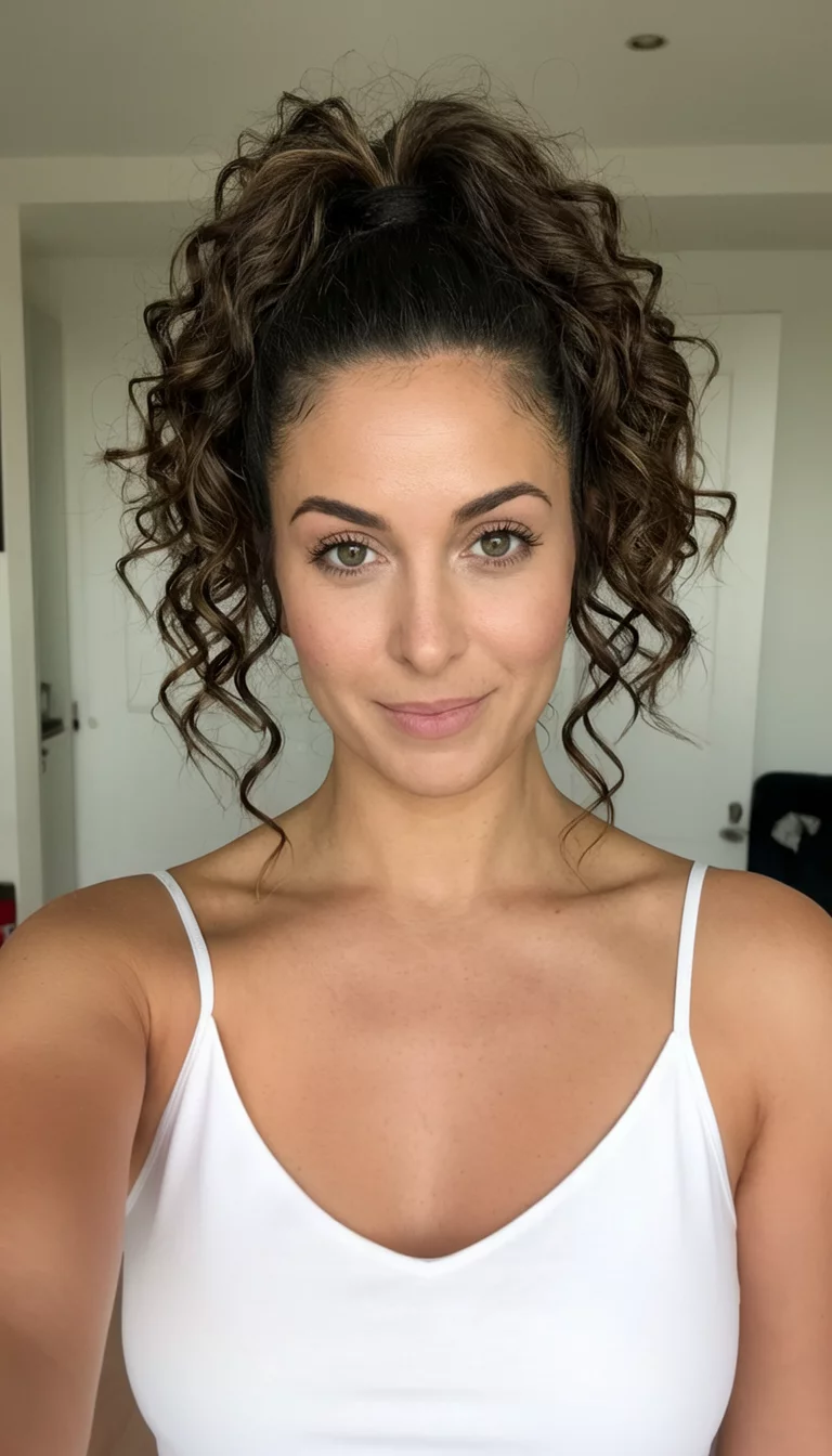selfie of a 28-year-old woman wearing a white camisole with a high ponytail featuring defined curls and wispy edges, front view, indoor background