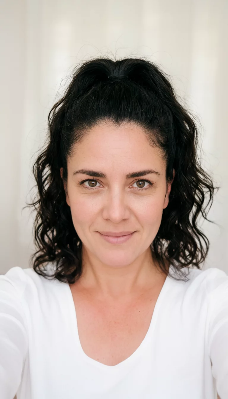 selfie of a 30-year-old woman wearing a white top with a high ponytail of dark, naturally wavy hair, front view, soft background