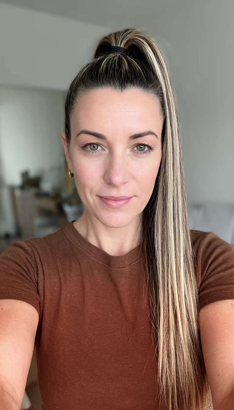selfie of a 34-year-old woman wearing a brown top with a high ponytail featuring blonde-streaked brown hair and straight, long strands, front view, indoor background