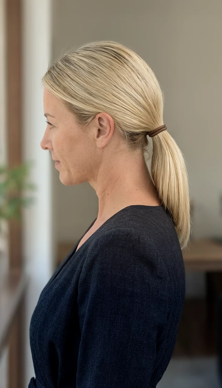 casual photo of a 39-year-old woman wearing a dark dress with a sleek, low blonde ponytail featuring a hair tie at the base, side view, indoor background