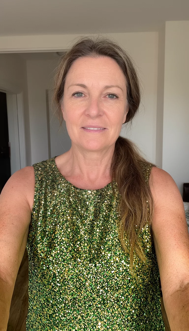 selfie of a 47-year-old woman wearing a sparkly green and gold sleeveless top with a relaxed, low ponytail, front view, indoor background