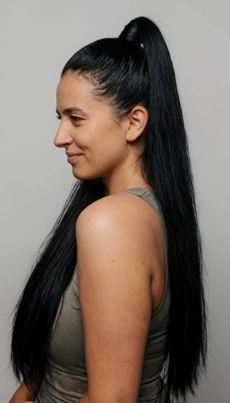 casual photo of a 36-year-old woman with long, sleek black hair in a high ponytail, side view, studio background