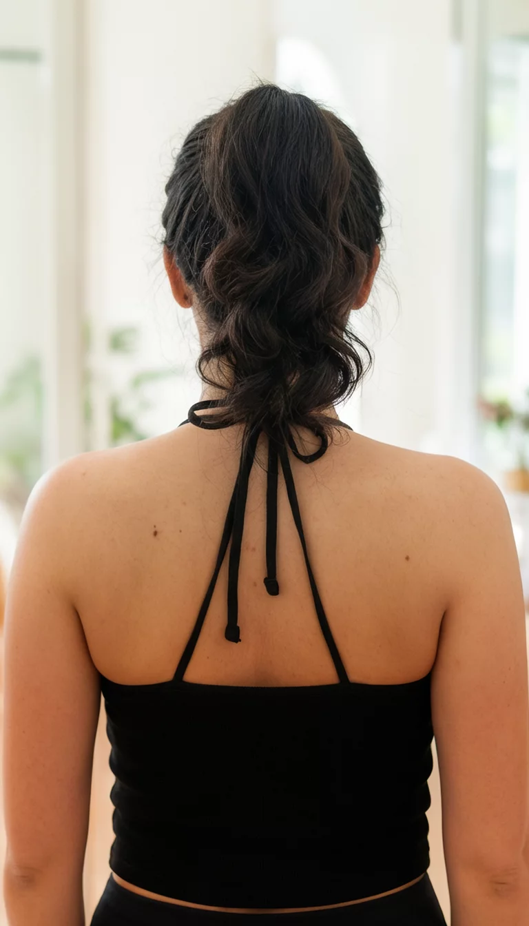 casual photo of a 31-year-old woman wearing a black halter top with a dark hair bubble ponytail, back view, bright room background