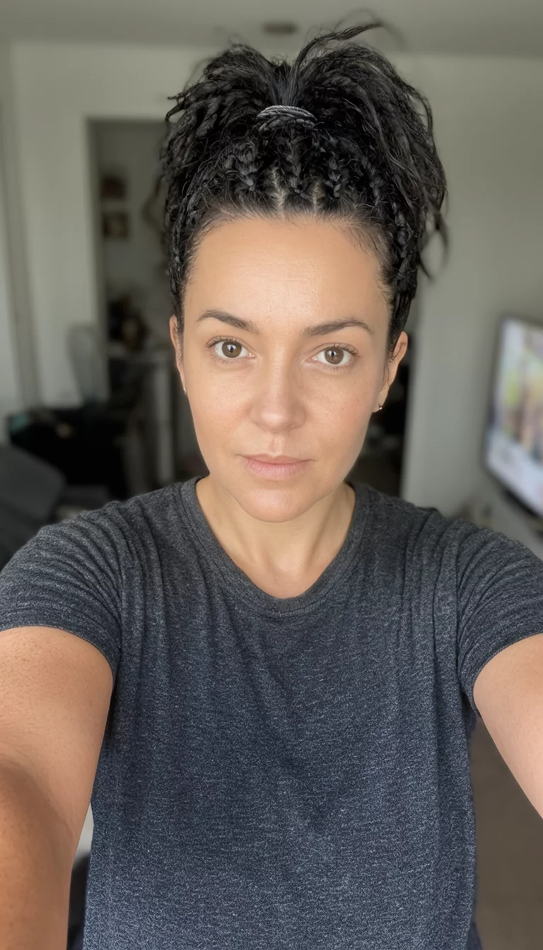 selfie of a 31-year-old woman wearing a dark grey t-shirt with a high ponytail featuring braided accents in dark, textured hair, front view, indoor background
