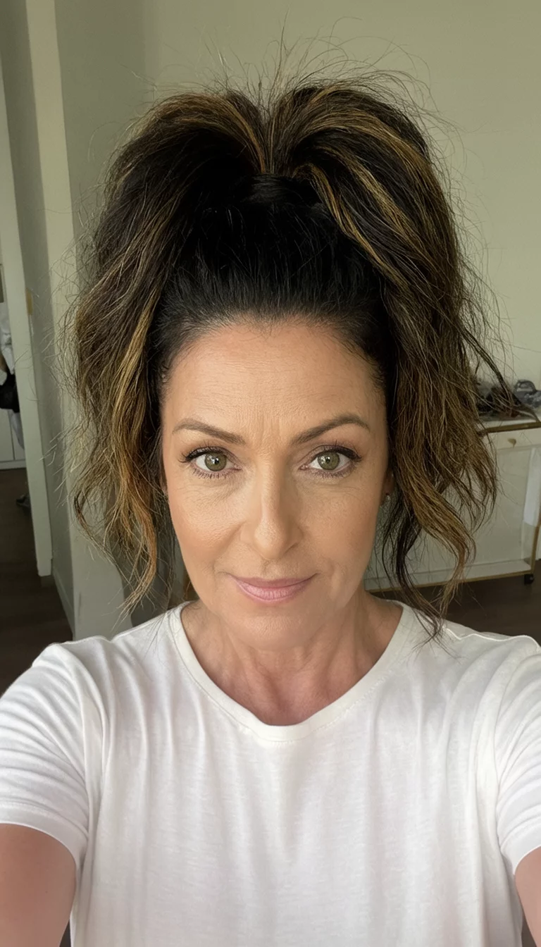 selfie of a 41-year-old woman wearing a simple top with a voluminous high ponytail of dark hair and lighter brown highlights, front view, indoor background