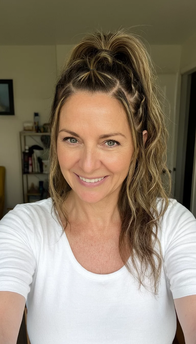 selfie of a 42-year-old woman wearing a white top with a high ponytail featuring detailed side swoops and baby hairs, front view, indoor background