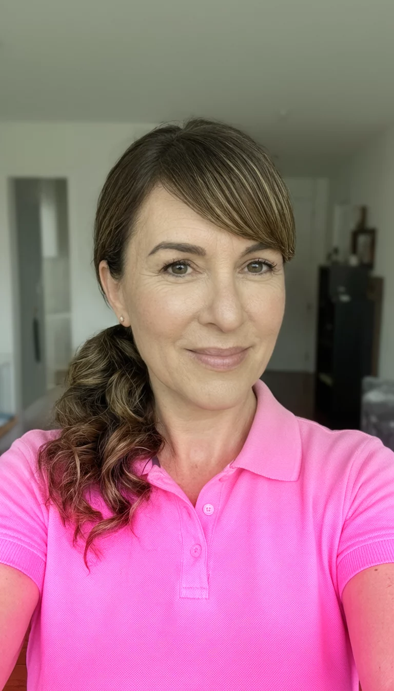 selfie of a 36-year-old woman wearing a pink polo shirt with a low side ponytail featuring wavy ends and styled side bangs, front view, indoor background