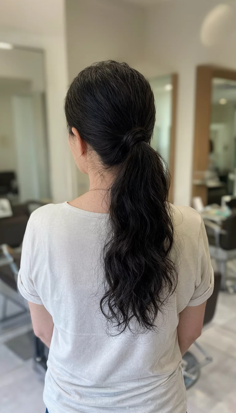 casual photo of a 45-year-old woman wearing a simple top with a long, wavy dark hair side ponytail hairstyle, back view, salon background