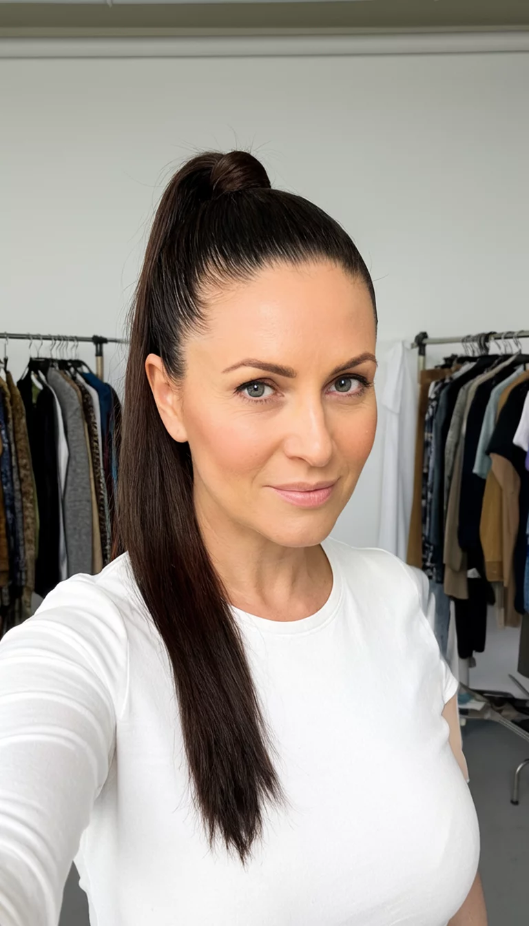 selfie of a 35-year-old woman wearing a white top with a sleek, high ponytail of dark brown hair, front view, studio background featuring clothing racks