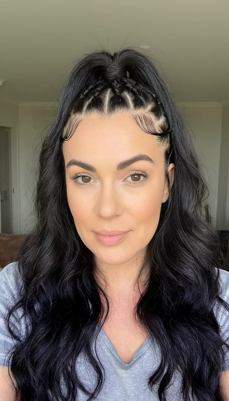 selfie of a 32-year-old woman with dark, wavy hair in a high ponytail featuring braided detailing and styled edge baby hairs, front view, indoor background