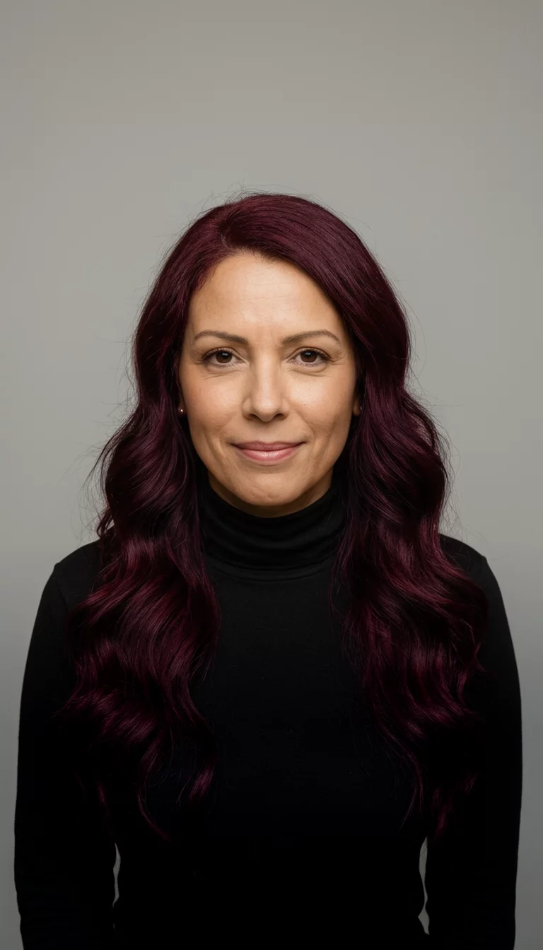 front view of a 38-year-old woman wearing a black turtleneck with a dark burgundy hair colored long, wavy hairstyle, front view, neutral background
