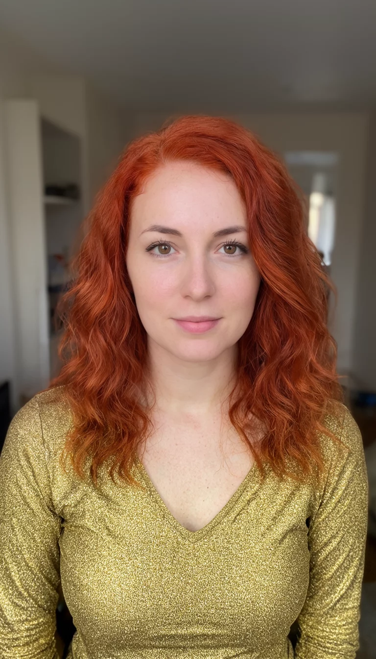 front view of a 29-year-old woman wearing a gold top with a ginger-red hair colored wavy hairstyle, front view, indoor background
