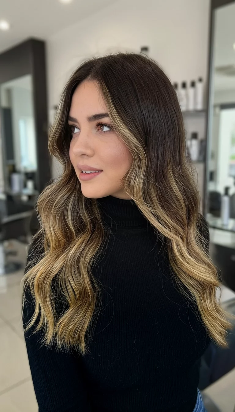 casual photo of a 24-year-old woman wearing a black turtleneck with a dark brown hair with blonde highlights colored long, wavy hairstyle, side view, salon background