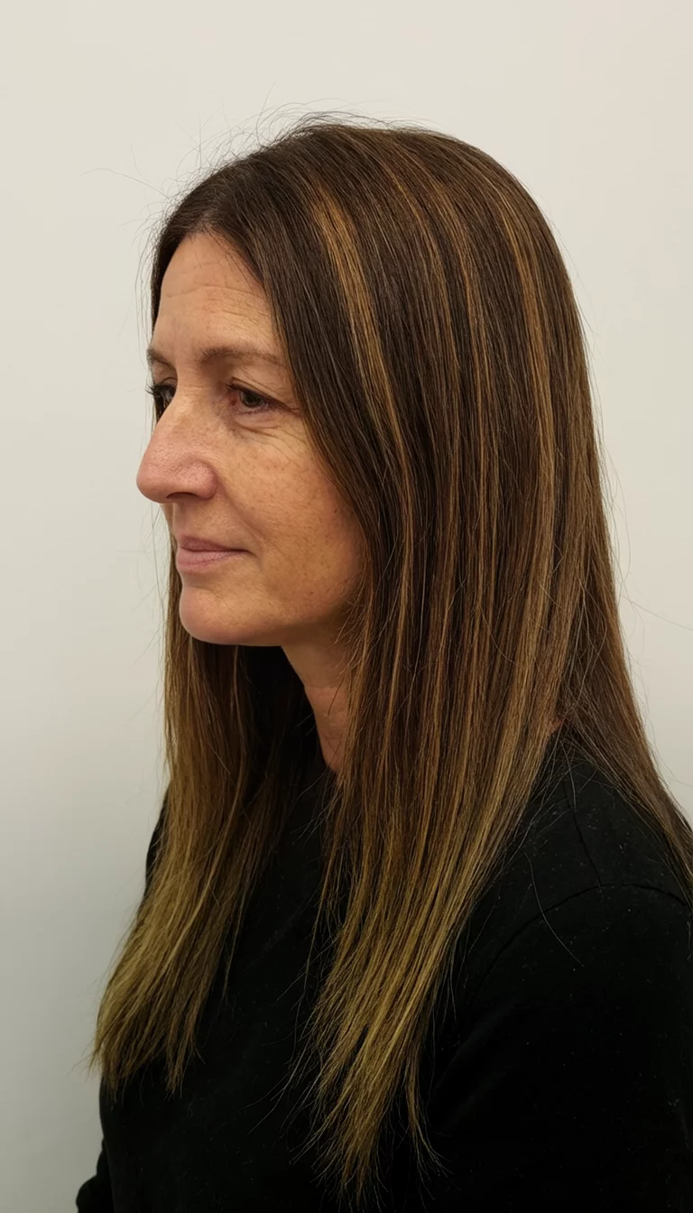 casual photo of a 41-year-old woman wearing a black shirt with a brown hair with lighter brown highlights colored long, straight hairstyle, side view, neutral background