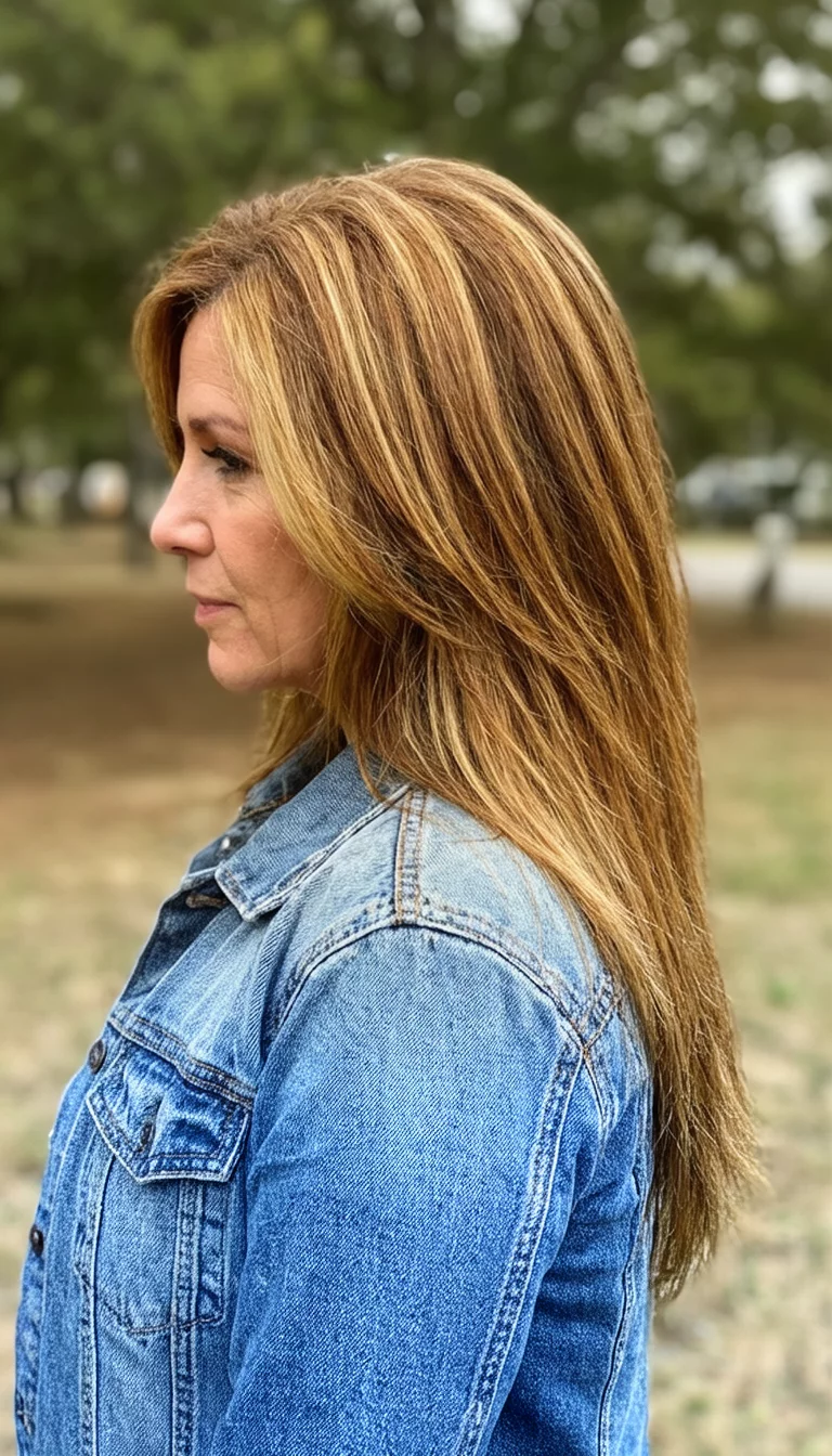 casual photo of a 37-year-old woman wearing a denim jacket with a golden-brown hair with subtle highlights colored long, layered hairstyle, side view, outdoor background