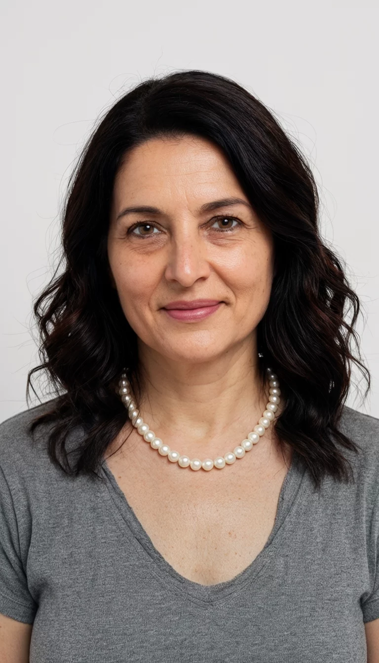 casual photo of a 35-year-old woman wearing a pearl necklace with a dark hair colored wavy hairstyle, front view, studio background