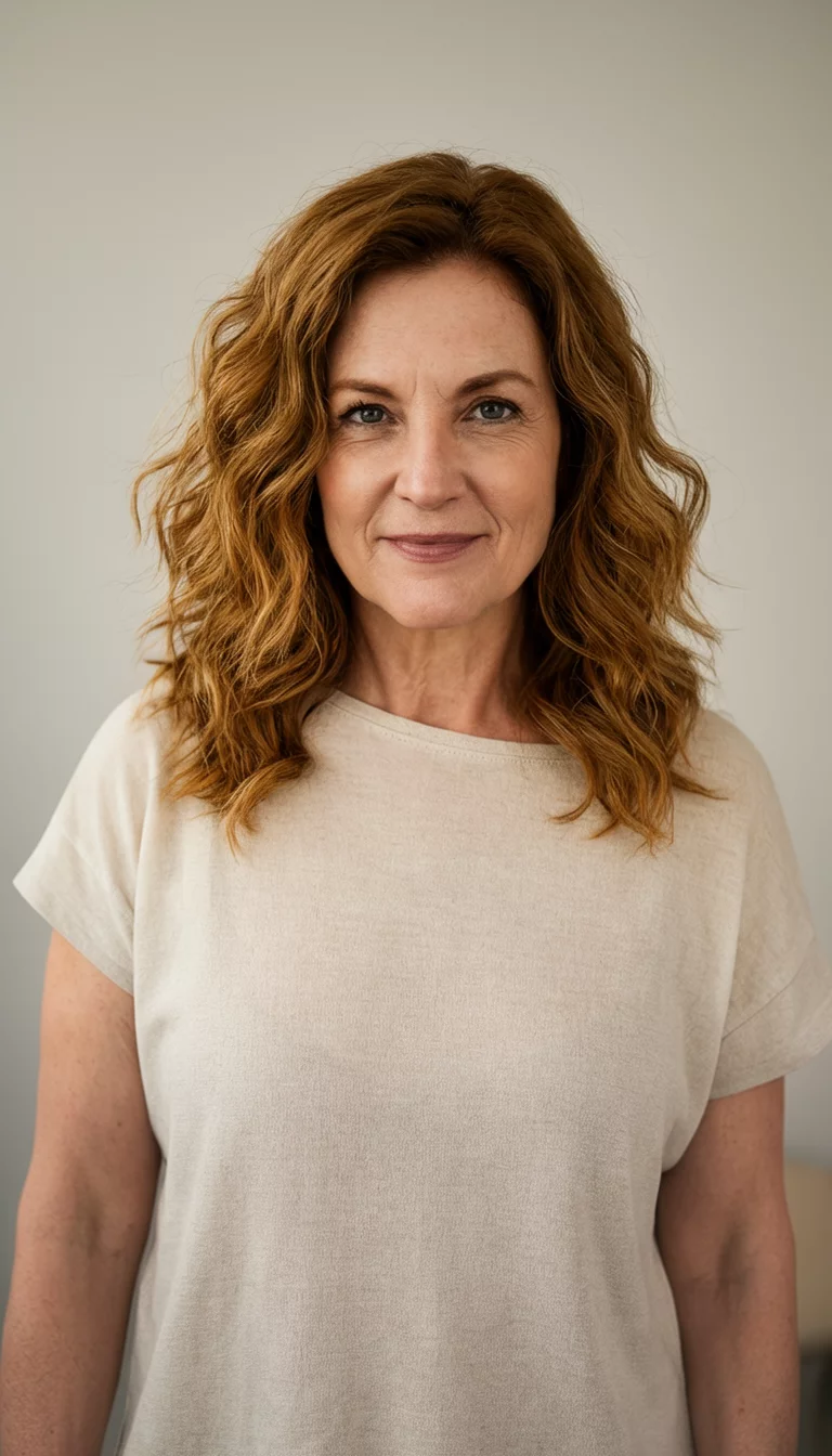 casual photo of a 45-year-old woman wearing a neutral top with a caramel colored wavy hairstyle, front view, neutral background