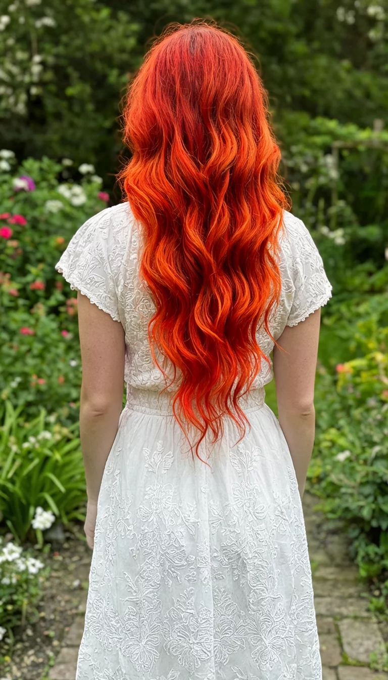 casual photo of a 22-year-old woman wearing a white embroidered dress with a fiery red-orange hair colored long, wavy hairstyle, back view, garden background