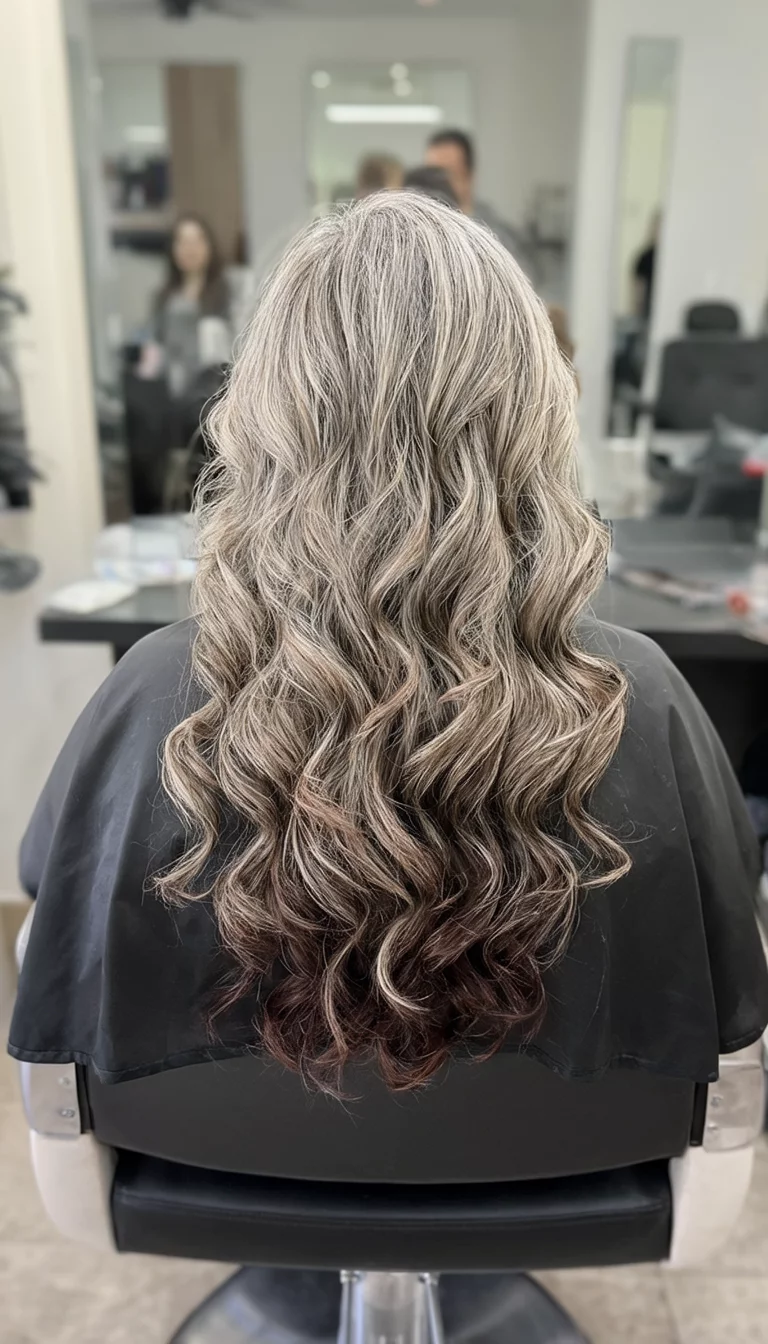 casual photo of a 43-year-old woman wearing a salon cape with a ash blonde and brown hair colored long, curly hairstyle, back view, salon chair background