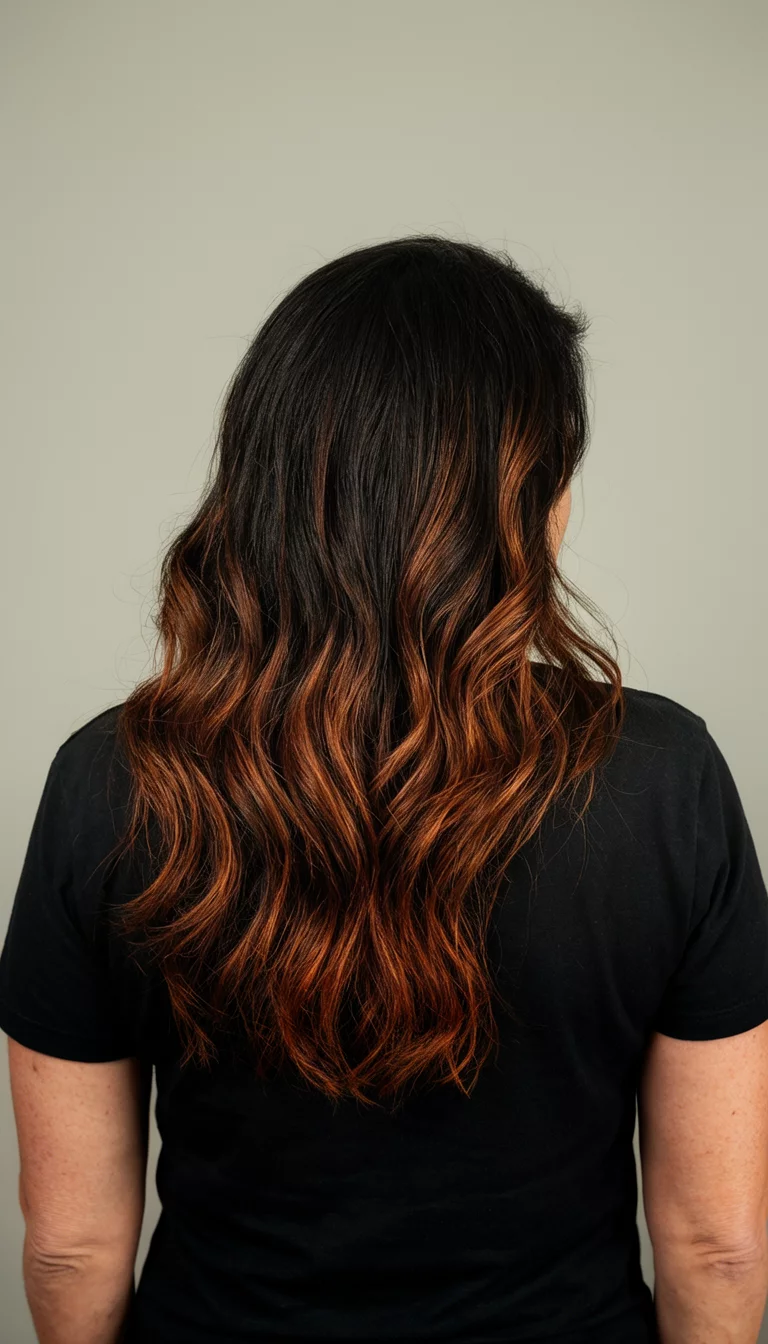 casual photo of a 48-year-old woman wearing a black t-shirt with a dark brown hair with copper highlights colored long, wavy hairstyle, back view, neutral background