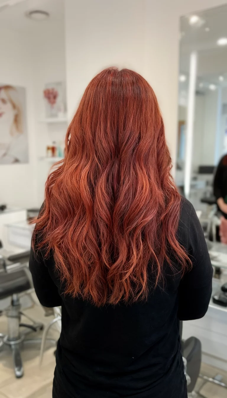 casual photo of a 32-year-old woman wearing a black top with a reddish-brown hair colored long, wavy hairstyle, back view, salon background