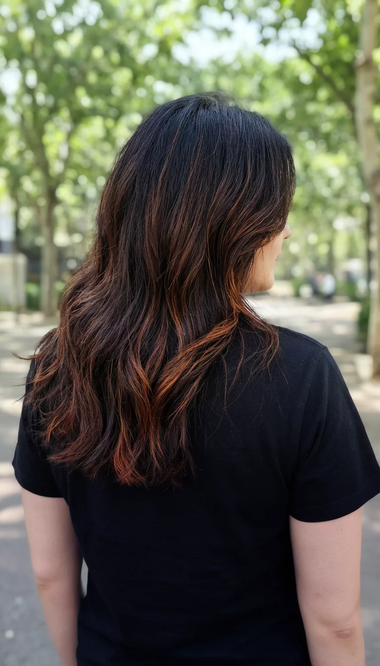 casual photo of a 30-year-old woman wearing a black t-shirt with a dark brown hair with subtle auburn highlights colored layered, wavy hairstyle, back and side view, outdoor setting