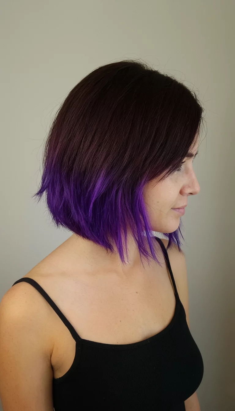casual photo of a 26-year-old woman wearing a black tank top with a dark auburn hair with vibrant purple ends colored shoulder-length bob hairstyle, side view, neutral background