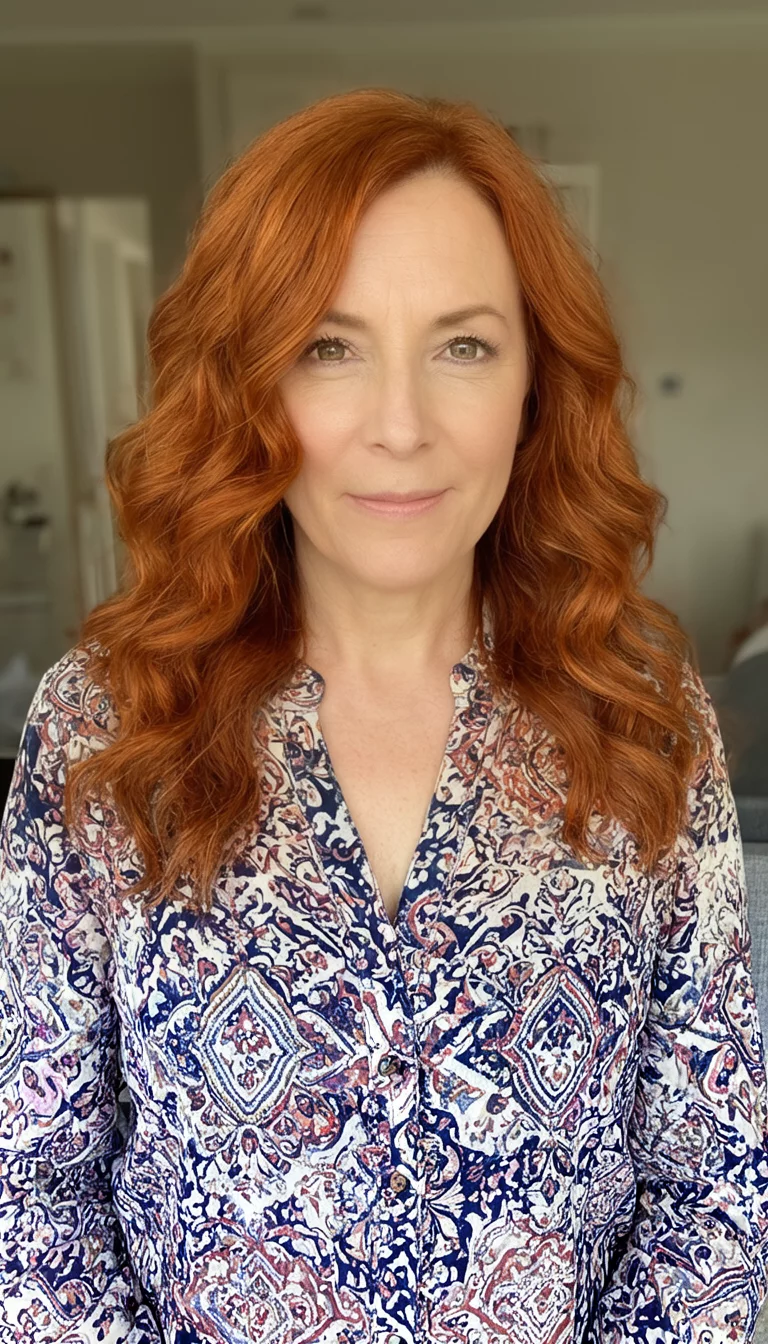 casual photo of a 49-year-old woman wearing a stylish blouse with a vibrant copper hair colored wavy hairstyle, front view, indoor background