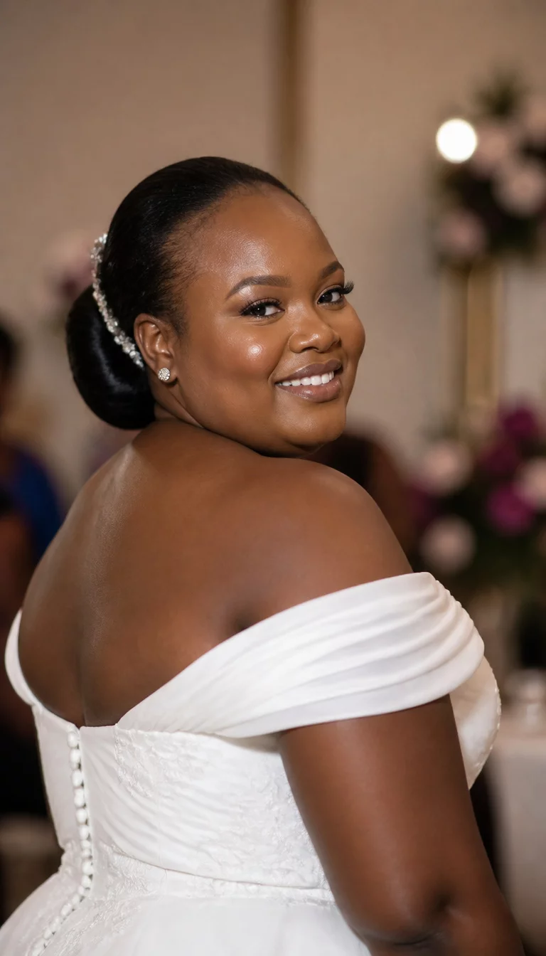The Sleek And Modern High Bun casual photo of a 28-year-old plus size Nigerian bride with a chubby face. Key features include high cheekbones and a wide forehead. The skin has radiant, clear pores. The eyes are dark brown. She is wearing an off-the-shoulder white wedding dress with a sleek bun hairstyle, rear three-quarter view, blurred background.