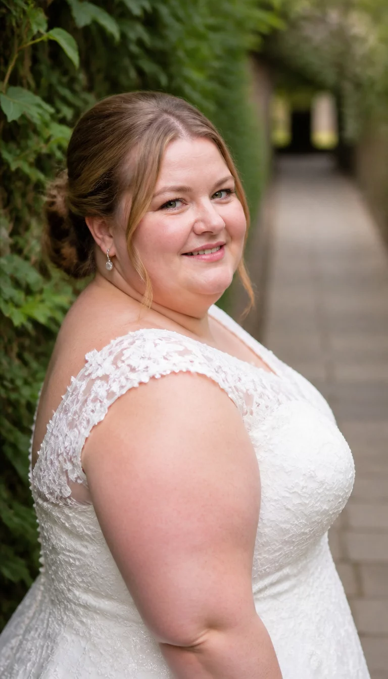 Ivy Walkway Romantic Updo casual photo of a 40-year-old plus size British bride with a chubby face. Key features include a rounded chin and soft brow. The skin has fair, matte pores. The eyes are green. She is wearing a white lace dress with a soft updo hairstyle, side view, ivy-covered walkway.