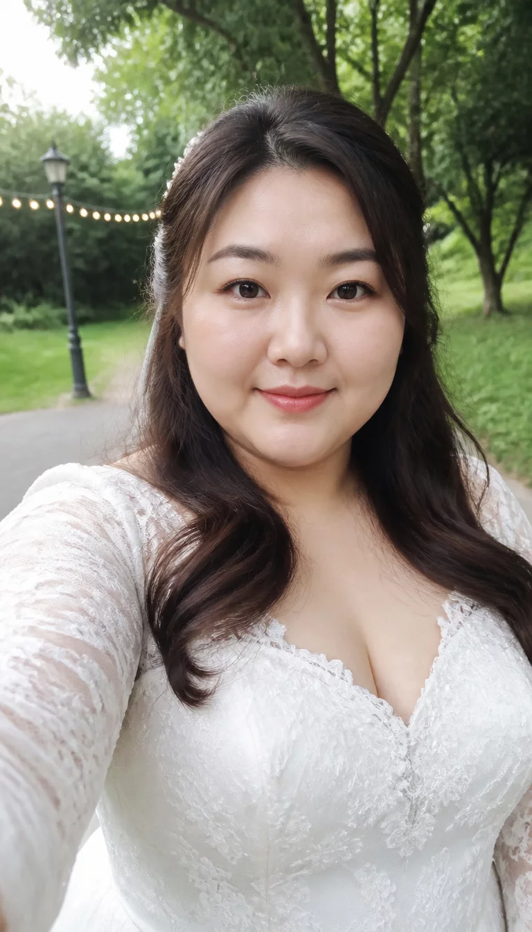 Nature Inspired Half Up Wavy Look selfie of a 39-year-old plus size Korean bride with a chubby face. Key features include a wide brow and a soft chin. The skin has smooth, porcelain pores. The eyes are dark brown. She is wearing a white lace wedding dress with a dark brown, wavy hair, partially pulled back hairstyle, front view, park-like setting.