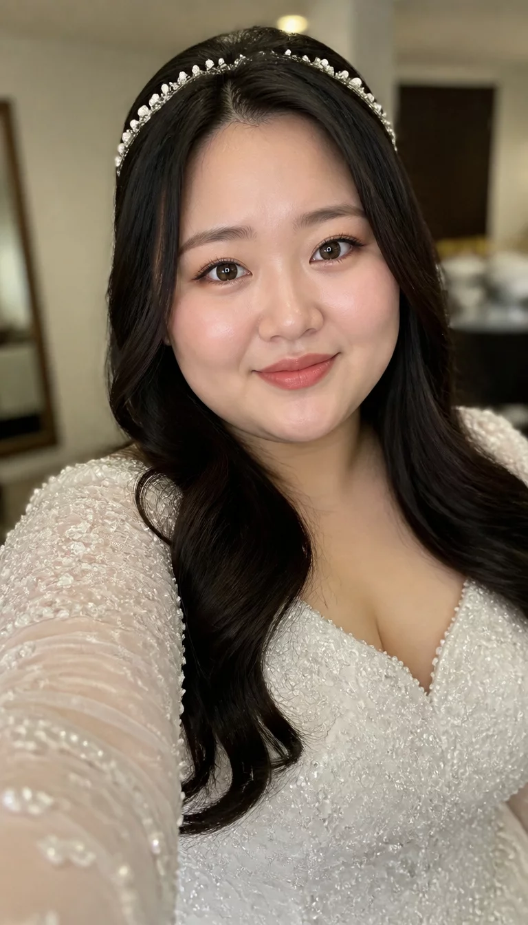 Pearl Headband And Embellished Sleeves selfie of a 29-year-old plus size Japanese bride with a chubby face. Key features include a soft jawline and high forehead. The skin has smooth, even pores. The eyes are dark brown. She is wearing a white dress with heavily embellished sleeves with a long, dark, wavy hair, styled with a pearl headband hairstyle, front view, blurred background.