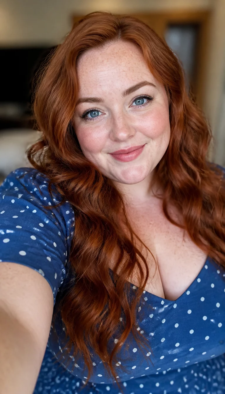 Redhead Charm And Blue Accents selfie of a 31-year-old plus size Scottish bride with a chubby face. Key features include a petite nose and high cheekbones. The skin has pale, freckled pores. The eyes are bright blue. She is wearing a blue polka dot dress with a long and wavy red hair hairstyle, front view, blurred background.