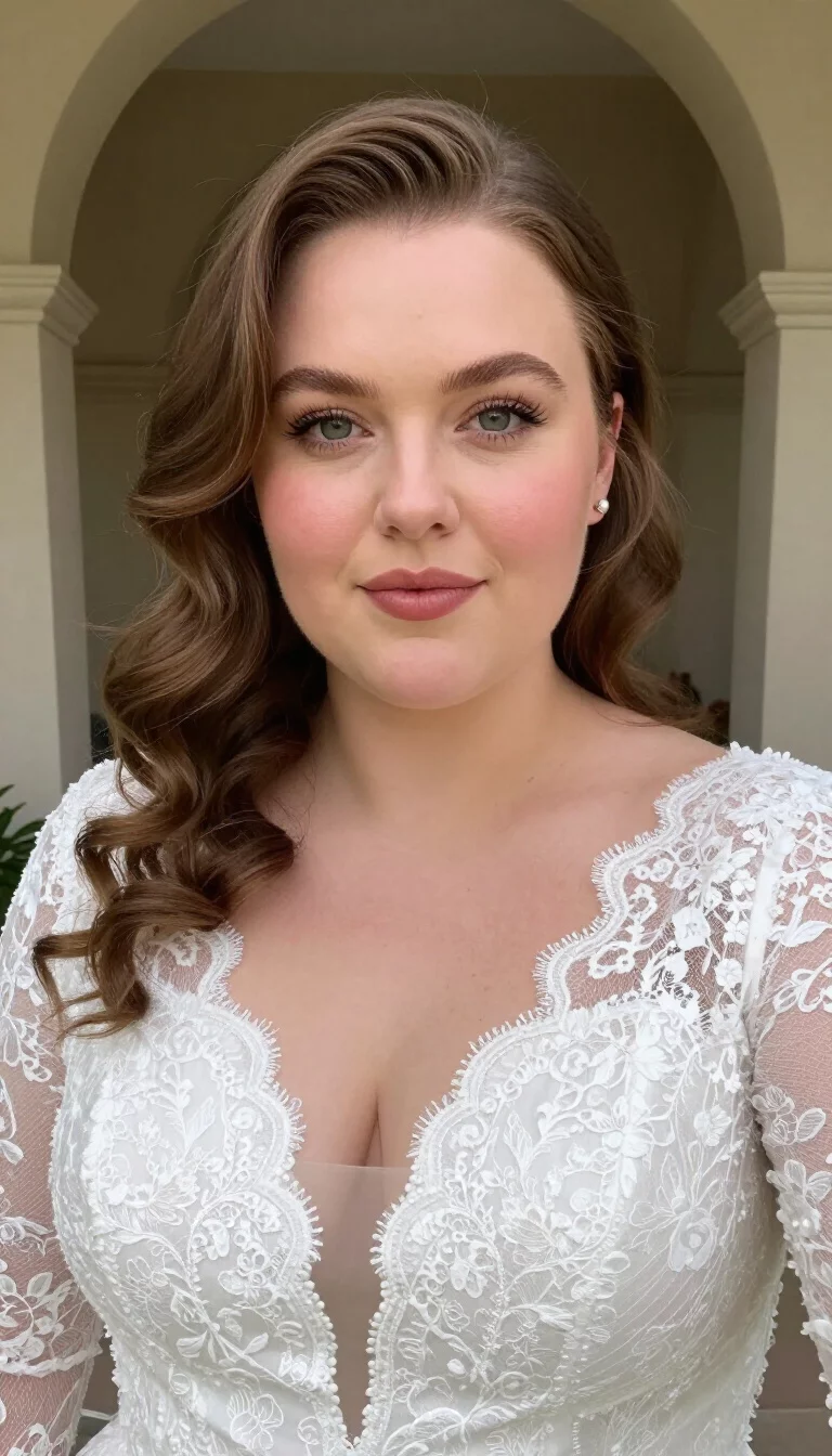 selfie of a 32-year-old plus size Irish bride with a chubby face. Key features include a petite nose and round cheeks. The skin has fair, porcelain pores. The eyes are light green. She is wearing a white wedding dress with long lace sleeves and a deep V-neck with a loose waves hairstyle, front view, outdoor setting with arched architecture.