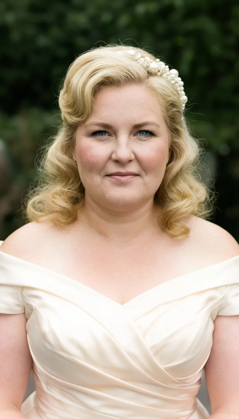 selfie of a 49-year-old plus size Danish bride with a chubby face. Key features include a soft jawline and rounded brows. The skin has mature, refined pores. The eyes are light blue. She is wearing an off-the-shoulder creamy satin dress with a blonde, wavy hair styled in a retro manner with a pearl hair accessory hairstyle, front view, blurred background.