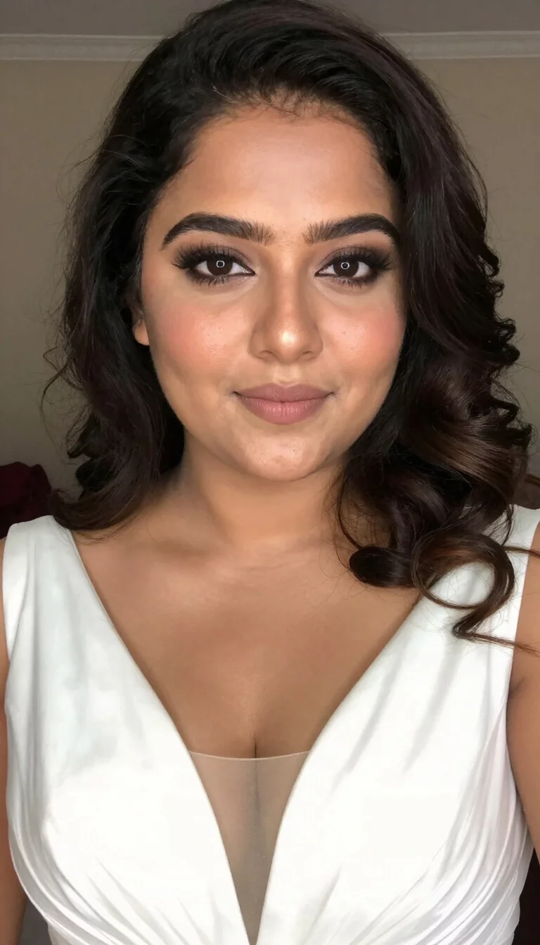 selfie of a 30-year-old plus size Indian bride with a chubby face. Key features include a wide jaw and a prominent nose. The skin has golden, smooth pores. The eyes are dark brown. She is wearing a white wedding dress with a plunging neckline with a loose waves hairstyle, front view, indoor background.