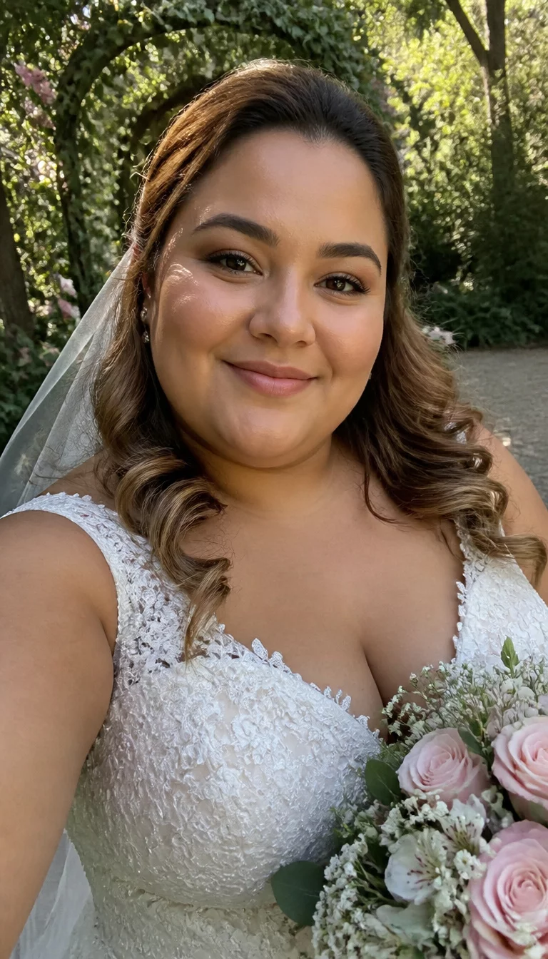 Garden Ready Effortless Waves selfie of a 31-year-old plus size Brazilian bride with a chubby face. Key features include a strong jawline and a soft cheekbone structure. The skin has natural, dewy pores. The eyes are almond-shaped hazel. She is wearing a white wedding dress with a floral bouquet with a light brown hair styled in loose waves hairstyle, front view, garden.