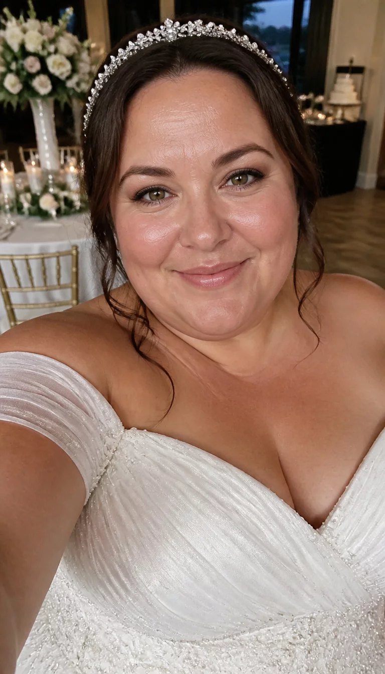selfie of a 38-year-old plus size Canadian bride with a chubby face. Key features include a soft nose and rounded cheeks. The skin has clear, healthy pores. The eyes are hazel. She is wearing a white dress with off-the-shoulder sleeves with a sparkly headband hairstyle, front view, wedding setting.