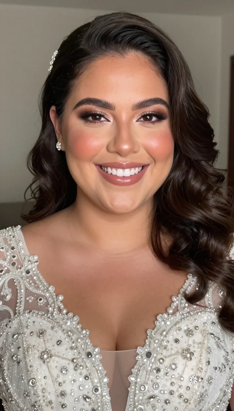 selfie of a 37-year-old plus size Colombian bride with a chubby face. Key features include a strong nose and a wide smile. The skin has sun-kissed, radiant pores. The eyes are brown. She is wearing a detailed embellished wedding dress with a deep neckline with a dark, wavy hair hairstyle, front view, blurred background.
