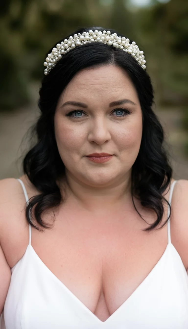 selfie of a 43-year-old plus size German bride with a chubby face. Key features include a prominent brow ridge and a rounded jaw. The skin has refined, matte pores. The eyes are blue-grey. She is wearing a white spaghetti strap dress with a dark hair styled in loose waves and a pearl headband hairstyle, front view, blurred background.