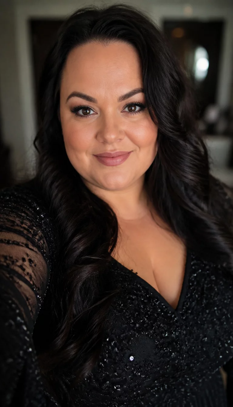 Voluminous Dark Waves And Beaded Contrast selfie of a 36-year-old plus size American bride with a chubby face. Key features include a wide jaw and prominent forehead. The skin has smooth, matte pores. The eyes are dark brown. She is wearing a black beaded dress with a long, dark, voluminous wavy hair hairstyle, front view, blurred background.