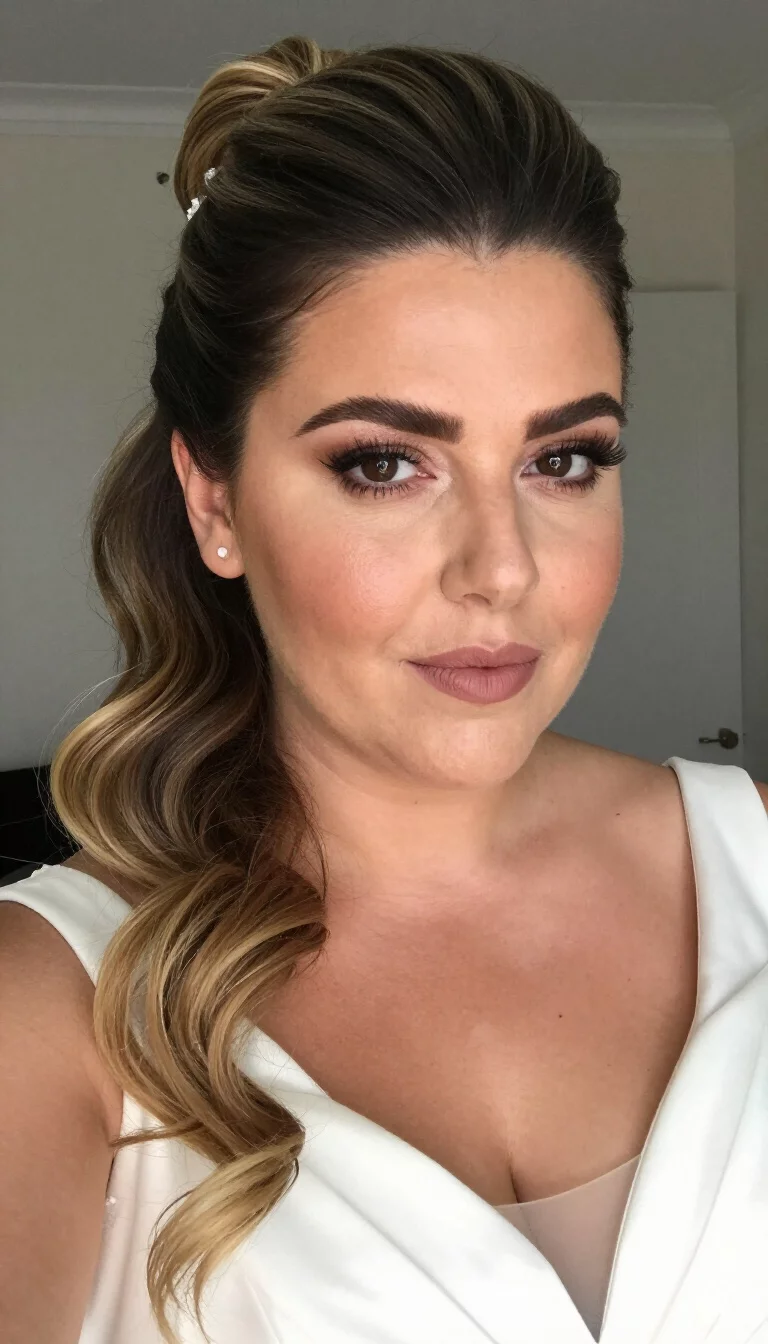 selfie of a 36-year-old plus size Greek bride with a chubby face. Key features include a strong brow and a rounded jaw. The skin has olive, matte pores. The eyes are brown. She is wearing a white wedding dress with a blonde ponytail, dark waves, and a dark bun hairstyle, front view