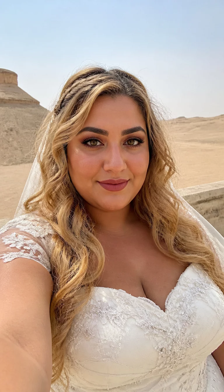 Desert Dream Braided Waves selfie of a 27-year-old plus size Egyptian bride with a chubby face. Key features include a sharp, aquiline nose and deep-set eyes. The skin has sun-kissed, matte pores. The eyes are amber. She is wearing a white wedding dress with a blonde hair styled in loose waves and a braided front detail hairstyle, front view, desert-like background.