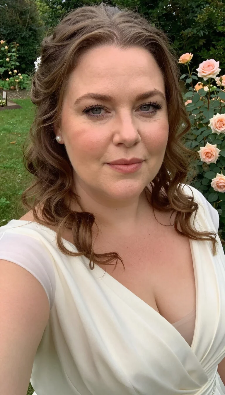 selfie of a 45-year-old plus size French bride with a chubby face. Key features include a soft brow ridge and rounded chin. The skin has mature, refined pores. The eyes are grey-green. She is wearing a cream-colored wedding dress with a loose waves hairstyle, front view, garden setting with roses.