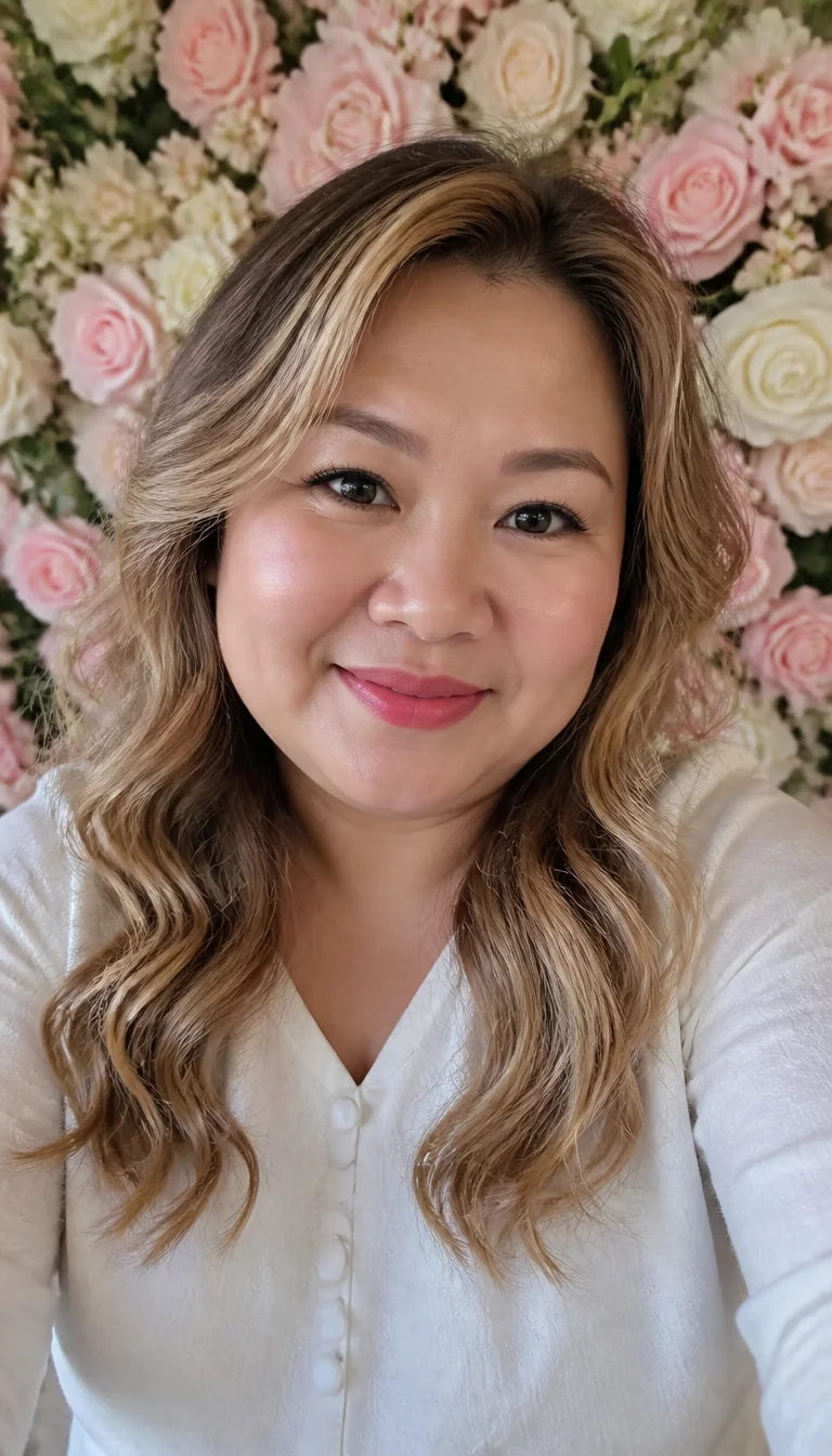 Floral Backdrop Blonde Streaks selfie of a 41-year-old plus size Vietnamese bride with a chubby face. Key features include high cheekbones and a soft nose. The skin has clear, even pores. The eyes are dark brown. She is wearing a white top with a button detail with a long, wavy blonde-streaked hair hairstyle, front view, backdrop of pink and white flowers.