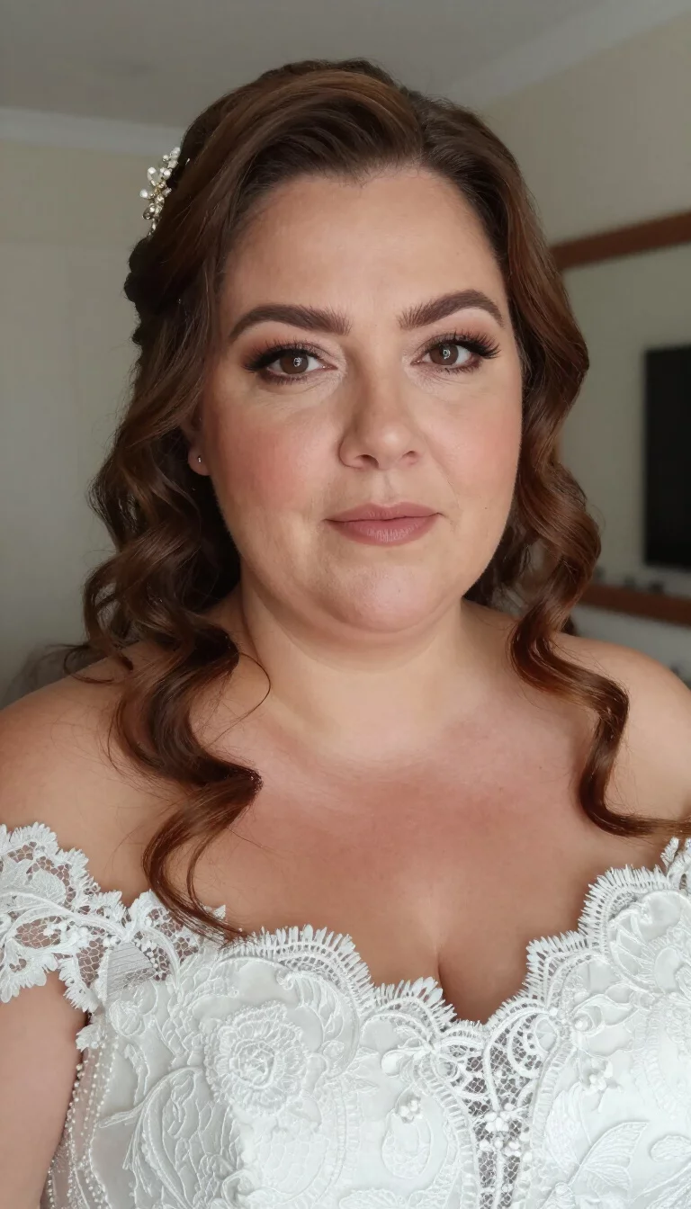 selfie of a 48-year-old plus size Spanish bride with a chubby face. Key features include a prominent brow and a rounded chin. The skin has mature, matte pores. The eyes are hazel. She is wearing an off-the-shoulder white lace wedding dress with a wavy brown hair styled with an accessory on one side hairstyle, front view, blurred background.