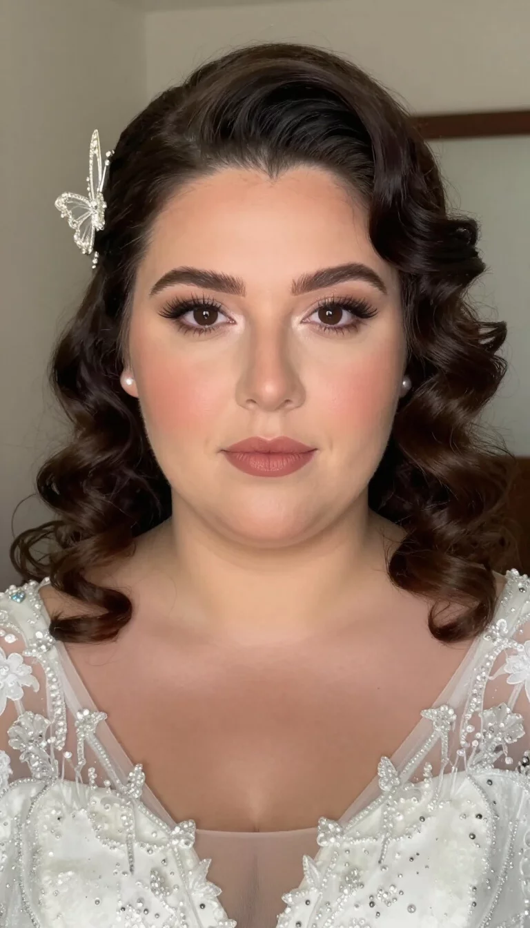selfie of a 42-year-old plus size Italian bride with a chubby face. Key features include a prominent brow ridge and a rounded chin. The skin has smooth, matte pores. The eyes are large dark brown. She is wearing a white, embellished dress with a dark, curly hair styled in vintage waves and a butterfly clip hairstyle, front view, soft, blurred background.